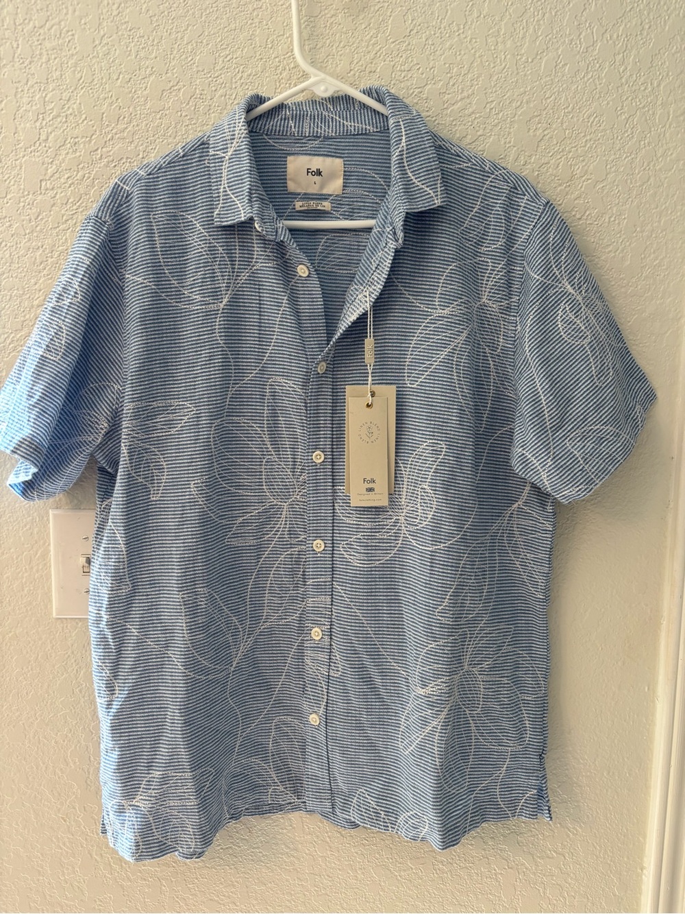 FOLK Blue Striped White Floral Embroidery Resort Camp Collar Shirt Size L NWT - Picture 5 of 7